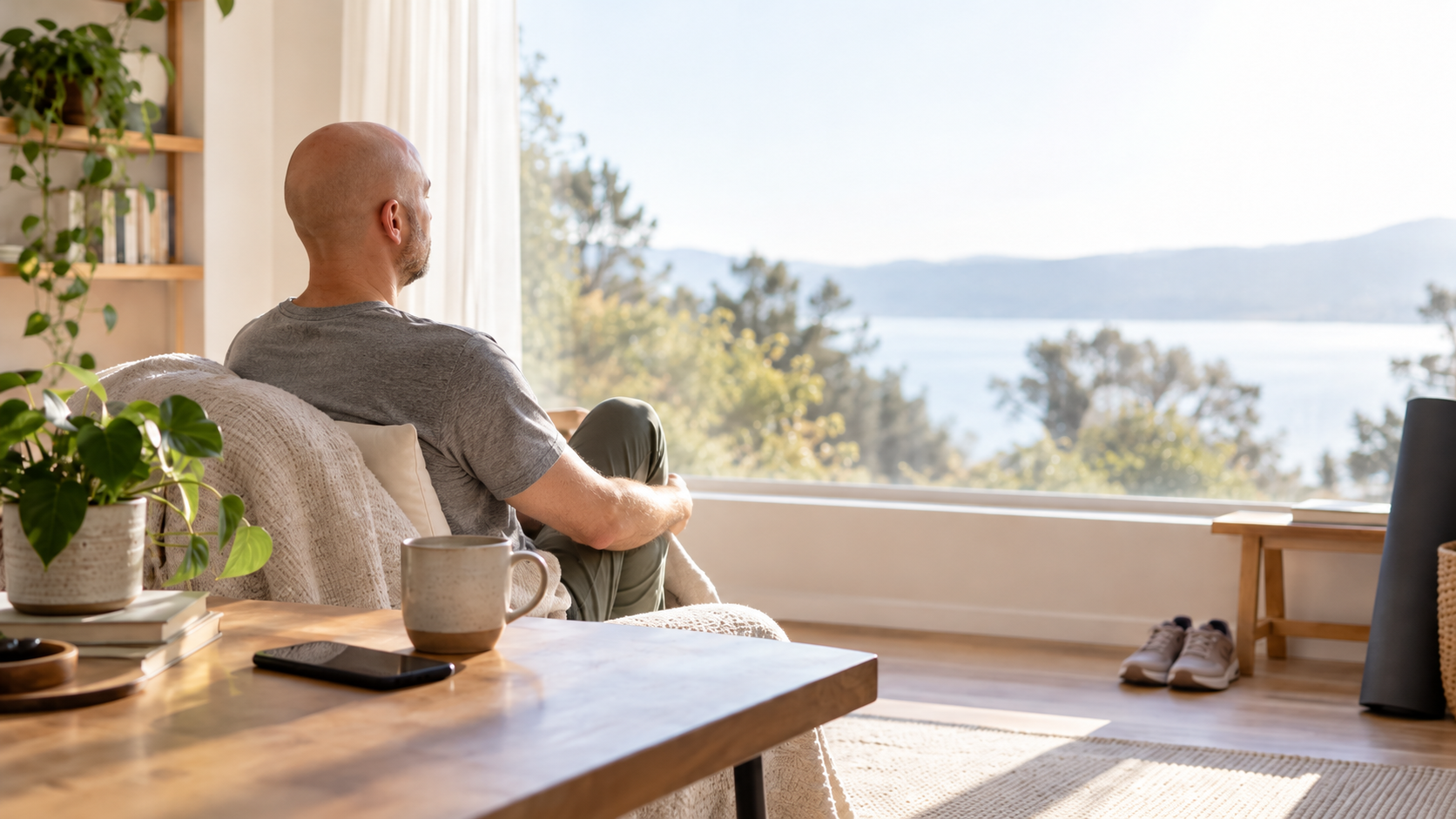 A quiet morning by a window overlooking a lake